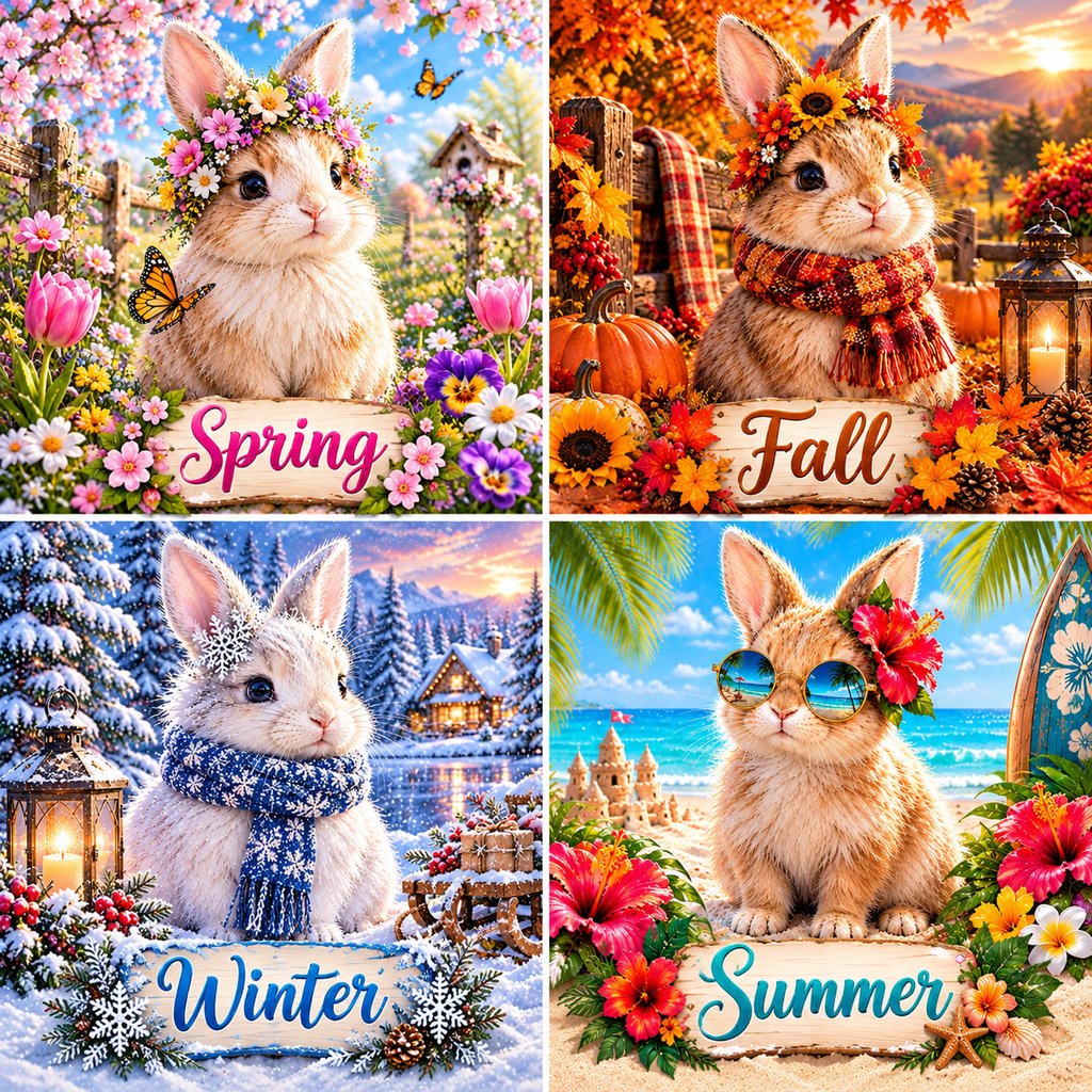 The Four Seasons Bunny Premium Metal Art Poster